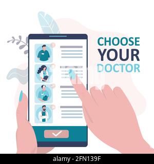 Schermo del telefono con il terapeuta scelto. Specialista di scelta per smartphone. Ritratti di team di medici. Concetto di servizi medici e sanitari. App mobile Illustrazione Vettoriale