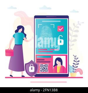 Identificazione delle impronte digitali. Telefono cellulare grande, donna d'affari mette il dito sullo schermo. Applicazione per smartphone per il controllo della sicurezza. Profilo utente con dati Illustrazione Vettoriale