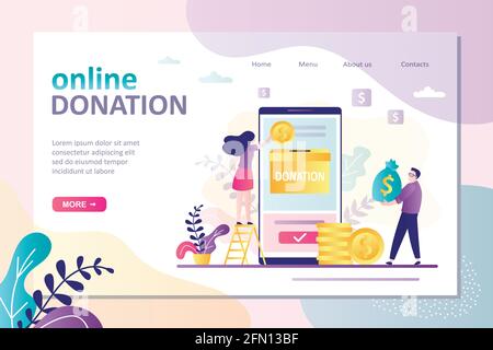 I personaggi dei cartoni donano denaro tramite pagamenti online. Raccolta di fondi e sostegno di beneficenza per i bisognosi. Modello della landing page sul tema della donazione. Ragazza p Illustrazione Vettoriale