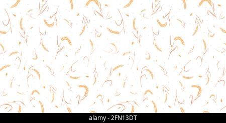 Modello senza cuciture con semi di grano intero, orecchie naturali e organiche isolate su sfondo bianco. Illustrazione Vettoriale