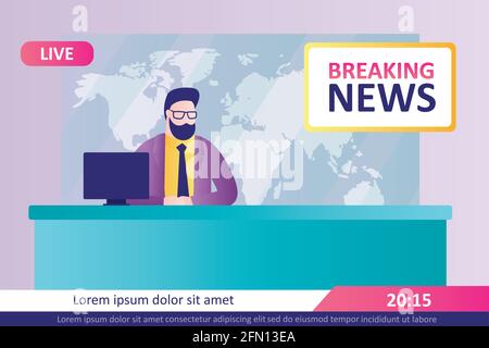 Bell'ancorman ha trasmesso le ultime notizie dal vivo sullo schermo. Giornalista in SUIT racconta le ultime notizie sul canale televisivo. Newscaster seduto in studio. Supporto attivato Illustrazione Vettoriale