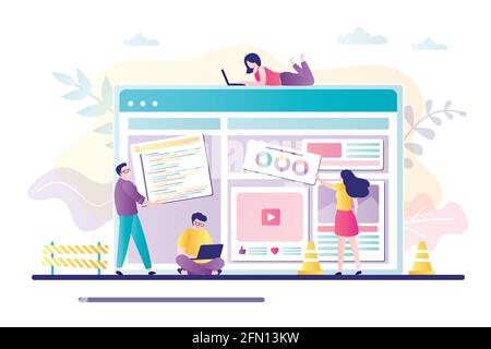 Persone di affari che costruiscono la pagina di servizio in linea. Concetto di lavoro di squadra, costruttore di Web site e sviluppo. Gruppo di lavoratori che lavorano insieme per la creazione del sito Illustrazione Vettoriale