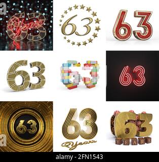 Set di sessantatre anni di compleanno. Elemento grafico numero 63. Elementi del modello del numero di anniversario per la festa di compleanno. Illustrazione 3D Foto Stock