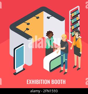 Stand espositivi, stand, illustrazione isometrica vettoriale. Fiera, evento promozionale con promotore di vendita, clienti. Illustrazione Vettoriale