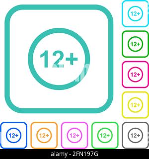 Consentito oltre i 12 anni solo icone piatte dai colori vivaci in bordi curvi su sfondo bianco Illustrazione Vettoriale