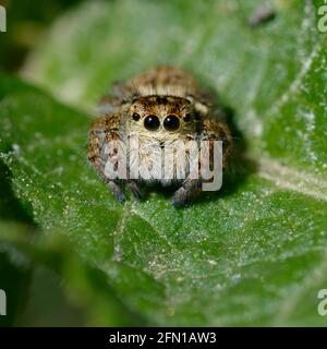 Femmina Carrhotus xantogramma (ragno di salto) su una foglia Foto Stock