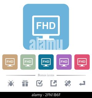 Display Full HD con icone piatte bianche su sfondi quadrati arrotondati a colori. 6 icone bonus incluse Illustrazione Vettoriale