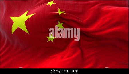 Primo piano della bandiera nazionale della Repubblica popolare cinese che sventola nel vento. Messa a fuoco selettiva. Foto Stock