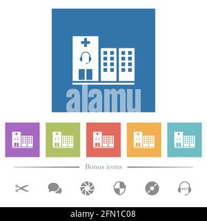 Assistenza medica icone bianche piatte su sfondo quadrato. 6 icone bonus incluse. Illustrazione Vettoriale