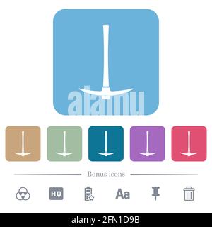 Icone piatte bianche piccone su sfondi quadrati arrotondati di colore. 6 icone bonus incluse Illustrazione Vettoriale