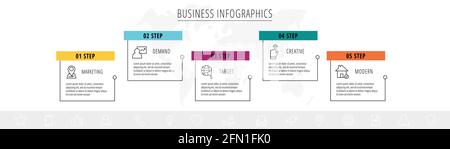Etichetta del modello infografico della linea vettoriale per cinque etichette rettangolari colorate. Concetto aziendale con 6 elementi e icone. Spazio vuoto moderno per il grafico Illustrazione Vettoriale