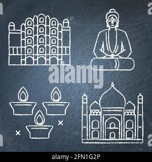 Icone della lavagna in India impostate in stile linea. Simboli tradizionali tra cui candele di vacanza, Hawa Mahal palazzo, Buddha e Taj Mahal. Illustrazione vettoriale. Illustrazione Vettoriale