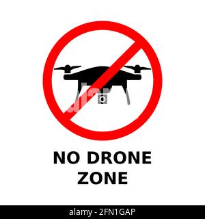 Nessun segnale zona drone. Simbolo di divieto dei droni volanti con testo. Nessuna zona di volo. Non sono consentiti voli con droni. Droni vietati nella zona. Vettore, piatto Illustrazione Vettoriale