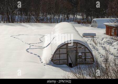 Una serra in un campo agricolo è coperta di neve Foto Stock