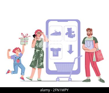 Famiglia felice con bambino shopping e acquisto online, vettore cartone animato isolato. Illustrazione Vettoriale
