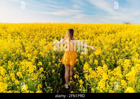 Donna attraente in campo di colza fiorente con luce del tramonto. Fiori gialli e donna felice Foto Stock