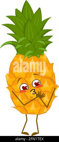 Carino ananas carattere cade in amore con gli occhi cuori, viso, braccia e gambe. Le emozioni divertenti o sorridenti eroe frutta con gli occhi Illustrazione Vettoriale