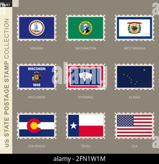 Francobollo con bandiera degli Stati Uniti, raccolta di 9 Stati Uniti bandiera: Virginia, Washington, West Virginia, Wisconsin, Wyoming, Alaska, Colorado, Texas, Illustrazione Vettoriale