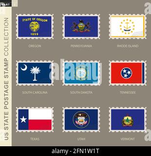 Francobollo con bandiera degli Stati Uniti, raccolta di 9 bandiere degli Stati Uniti: Oregon, Pennsylvania, Rhode Island, Carolina del Sud, Dakota del Sud, Tennessee, Texas Illustrazione Vettoriale