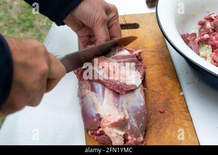 Donna che taglia la carne cruda su piccoli pezzi con tagliere da cucina. Femmina che taglia filetto di manzo rosso su tavola di legno, tenendo il coltello in mano. Housewi Foto Stock