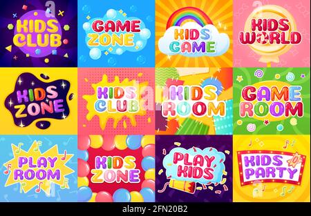 Zona bambini. Logo della sala giochi Cartoon, etichetta colorata per bambini con palloncini, confetti, arcobaleno, stelle. Set di banner per giochi per bambini. Club o sala per intrattenimento e attività Illustrazione Vettoriale