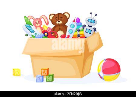Giocattoli per bambini in scatola di cartone. Carino cartoon palla, orsacchiotto, razzo, aereo, blocchi. Contenitore per sala giochi per bambini per riprodurre illustrazioni vettoriali. Oggetti per giochi e divertimento Illustrazione Vettoriale