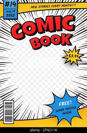 Copertina del fumetto. Modello della pagina del titolo dei fumetti retrò in stile pop art. Rivista cartoon superhero con velocità raggi e layout vettoriale effetto mezzitoni. Frame con prezzo, numero di emissione e linee di velocità Illustrazione Vettoriale
