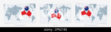 Tre versioni della Mappa del mondo con la mappa ingrandita dell'Australia con bandiera. Mappe mondiali centrate su Europa, Asia e America. Illustrazione Vettoriale