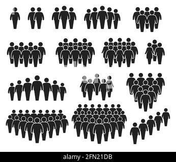 Le persone affollano le icone. Gruppo numeroso di persone. Squadra di uomini o donne. Persone che si riuniscono, in coda. Set di vettori icone pittogrammi persona. Rete di gruppi di utenti, silhouette per infografica Illustrazione Vettoriale