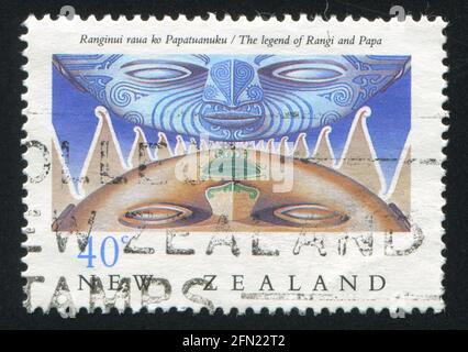 NEW ZEALAND - CIRCA 1990: Stampato dalla Nuova Zelanda, mostra patrimonio della Nuova Zelanda, il Maori: Leggenda di Rangi e Papa, circa 1990 Foto Stock