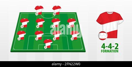 Austria formazione della Nazionale di Calcio sul campo di Calcio. Campo semitro con maglie da calcio della squadra austriaca. Illustrazione Vettoriale