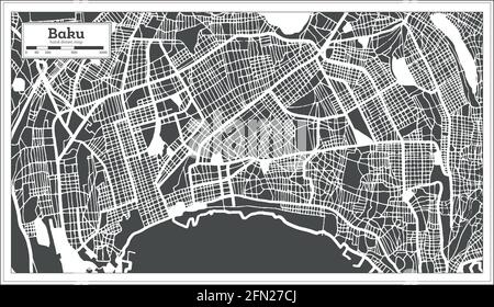 Mappa della città di Baku Azerbaigian in bianco e nero in stile retro. Mappa di contorno. Illustrazione vettoriale. Illustrazione Vettoriale