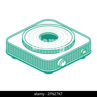 Stufa elettrica isometrica isolata su sfondo bianco. Illustrazione vettoriale. Profilo stufa elettrica portatile a bruciatore singolo. Illustrazione Vettoriale