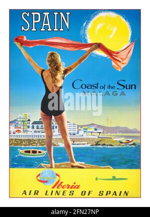 Malaga Vintage Spanish Holiday Travel Poster Spagna Malaga Iberia Airlines originale vintage Spanish Travel Poster pubblicità Malaga - Costa del Sole - di Iberia Air Lines Spagna. Poster che illustra una donna che indossa un costume da bagno monopezzo, tenendo in mano sciarpa rossa che si infila nel vento con la tipica località turistica, le barche e una parete del porto sul mare e le montagne all'orizzonte, un sole luminoso nel cielo blu in alto. Iberia (Iberia, Lineas Aereas de Espana, S.A. Operadora, Sociedad Unippersonal) è la compagnia di bandiera nazionale spagnola, fondata nel 1927. Storico Poster di viaggio d'epoca, Spagna, anni '60 Foto Stock