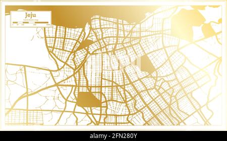 Mappa della città di Jeju Corea del Sud in stile retro in colore dorato. Mappa di contorno. Illustrazione vettoriale. Illustrazione Vettoriale