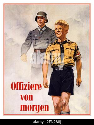 Nazi WW2 Propaganda Poster ‘OFFIZIERE VON MORGEN’ 1940 Vintage Nazi Germany Recruitment Propaganda Poster 'ufficiali del domani' con la medaglia di ferro di Wehrmacht croce soldato decorato e un ragazzo Hitler Giovanile con la fascia da braccio Swastika che sarà un ufficiale dell'esercito Wehrmacht al mattino.... Foto Stock