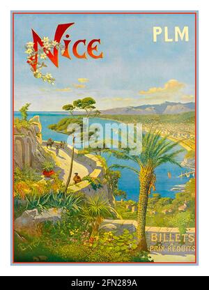 Nizza Vintage 1900's Travel Poster PLM French Rail TICKETS A prezzi ridotti Spiaggia mare e palme Costa Azzurra Vintage Travel Advertisement Poster d'arte per Nizza Costa Azzurra Sud Della Francia Foto Stock