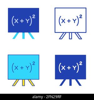 Equazione quadratica nella collezione di icone del consiglio scolastico. Simbolo di formula algebrica impostato in stile piatto e linea. Illustrazione vettoriale. Illustrazione Vettoriale