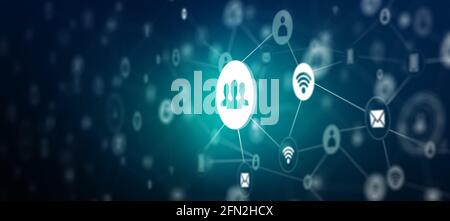 Collegamento del cliente con la rete globale e lo scambio di dati. Comunicazione di social network, tecnologia Internet e concetto di comunità di rete. Foto Stock