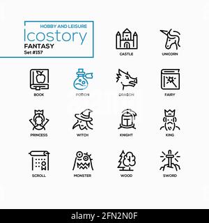 Fantasy Concept - set di icone di stile design di linea. Oggetti e personaggi da favola idea. Immagini nere di un castello, unicorno, libro, pozione, drago, principe Illustrazione Vettoriale