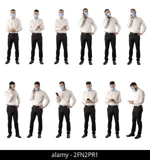 Raccolta di uomini d'affari con maschera facciale che si aggrappano e parlano al telefono cellulare. Set di corpo intero isolato su sfondo bianco. Foto Stock