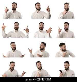 Set di headshots uomo d'affari usando molti gesti touch screen poi parlare felice. Ritratti isolati su sfondo bianco. Foto Stock