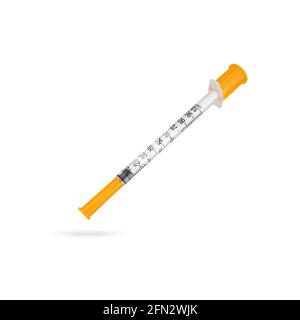 Siringa di levitazione dell'insulina isolata su sfondo bianco con ombra sotto di essa. Foto Stock