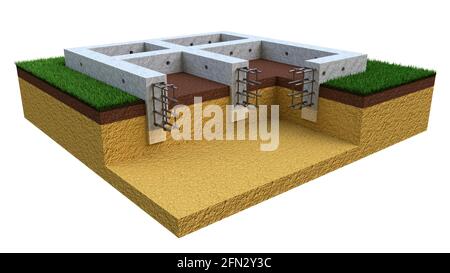 Colata parete in cemento armato scantinato. isolato cg industriale 3D illustrazione Foto Stock