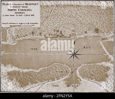 1770 un piano o una mappa precoce di Beaufort, Contea di Carteret, Carolina del Nord, Stati Uniti come era nei suoi primi giorni mostrando la posizione della casa di corte, prigione e mulino a vento così come complotti di costruzione. Un fatto storico notevole è che nel giugno 1718 Blackbeard il pirata ha fatto funzionare la sua ammiraglia, la vendetta della regina Anna e la sua avventura sloop aground vicino all'attuale insenatura di Beaufort Foto Stock