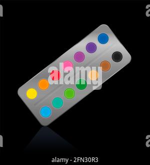 Watercolor, scatola di vernice di metallo d'argento con quattordici pentole di vernice rotonde luminose - illustrazione su sfondo nero. Foto Stock