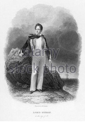 Lord Byron Portrait, 1788 – 1824, è stato un poeta britannico visto qui all'età di 19 anni, illustrazione d'annata del 1832 Foto Stock