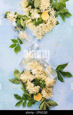 Ingredienti per rendere Elderflower Liqueur, Elderflower cordiale in piccole bottiglie su rustico tavolo di legno bianco. Vista dall'alto, spazio vuoto Foto Stock