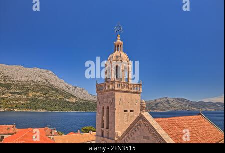 Korcula Vecchia cattedrale medievale ripresa aerea Foto Stock