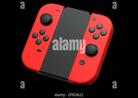 Controller portatili per videogiochi collegati al touch screen in nero sfondo Foto Stock